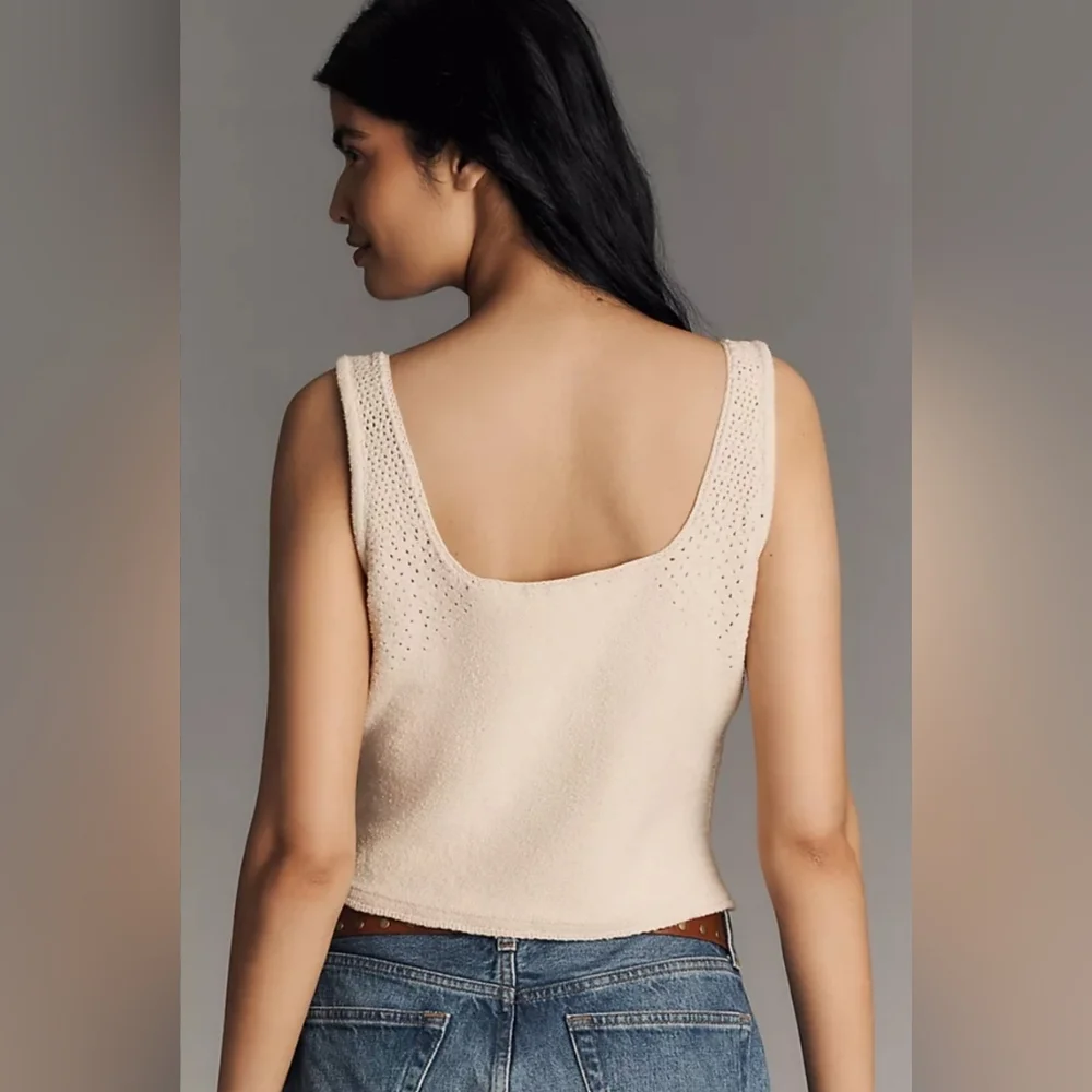 Anthropologie Floral Knit Square-Neck Tank Top - Cream with Pink Floral Size XL - Picture 5 of 8